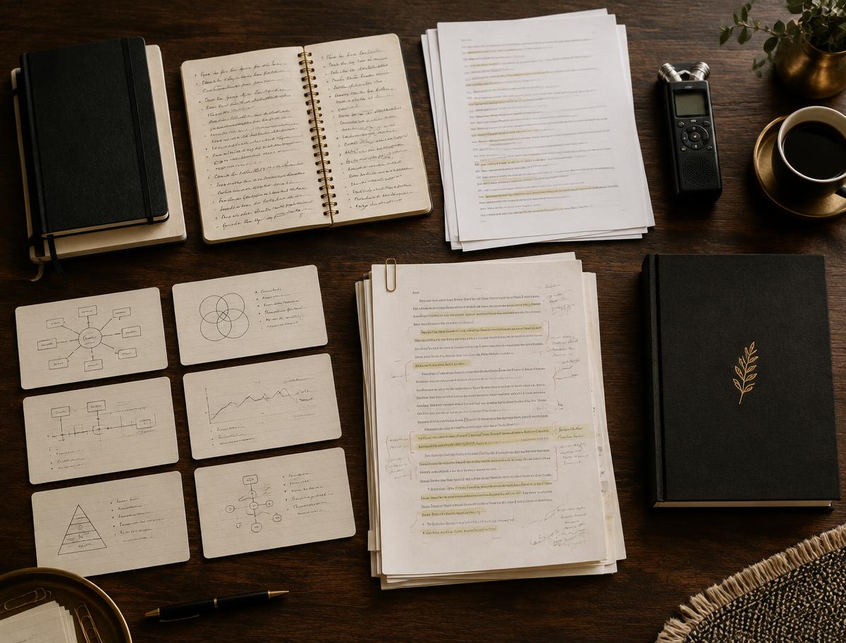 Notebooks, transcripts, index cards and a voice recorder ready for book development